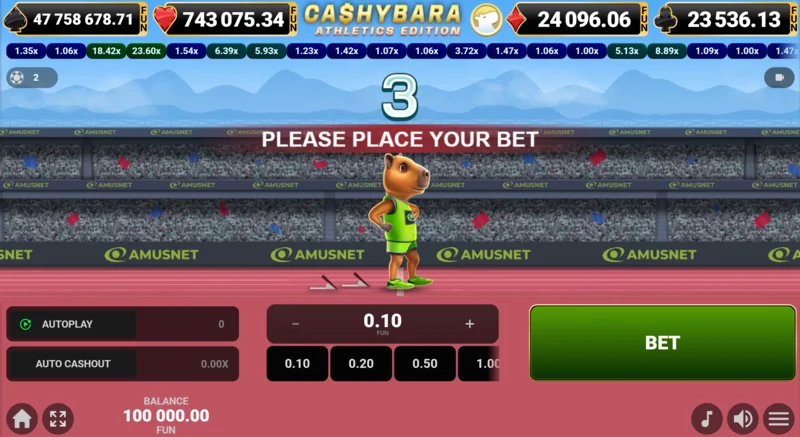 Cashybara Athletics Edition – a futam főképernyője a szorzószámlálóval